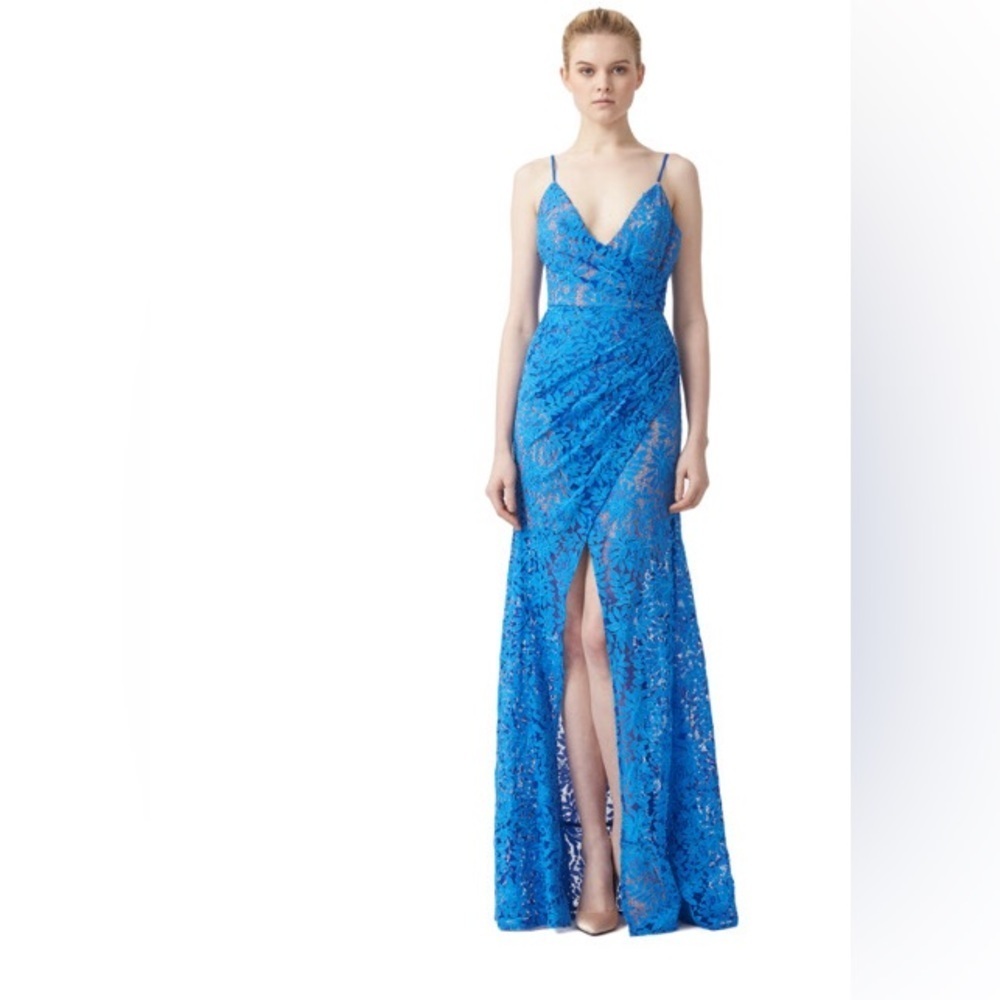 NWT Aijek Lavinia Blue Lace Gown w/ thigh high slit at front Sz US 6-…